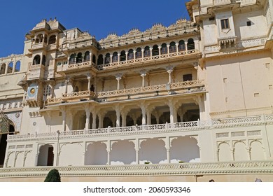 Udaipur, India - March 2020: Colorful streets, house facades and palaces of Udaipur. White city of Rajasthan,