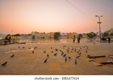 Udaipur, India - November 13, 2017: People Visiting Gangaur Ghat At Lake Pichola During Sunset.