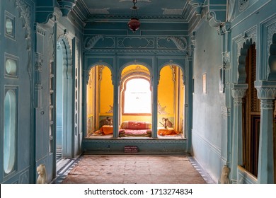 Udaipur, Rajasthan India - March 14, 2020: Beautiful blue traidtional sitting room in the City Palace of Udaipur