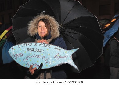 Udine, Italy - December 13, 2019: Sardine Flash Mob. People Protest Against The Italian Lega Party.