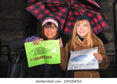 Udine, Italy - December 13, 2019: Sardine Flash Mob. People Protest Against The Italian Lega Party.