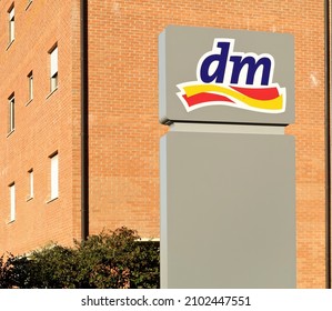 Udine, Italy. January 6, 2022. . Totem Sign Outside The DM Store, Drogerie Markt. It Is A German Shop Chain Selling Cosmetics, Household Products,healthcare Items And Healthy Foods