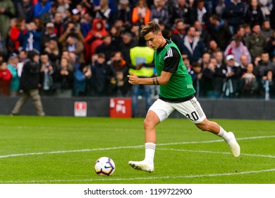 UDINE, ITALY - OCT 6, 2018: Paulo Dybala shoots the ball. Warming up. Udinese - Juventus. Serie A