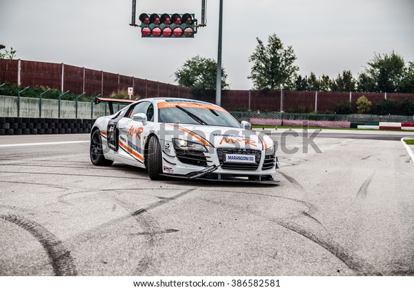 UDINE, Italy - OCTOBER 10,\
2012: Audi R8 Safety car M&R Team ,  exhibition drift and fast\
lap  in Autodromo Internazionale di Precenicco Lignano\
UDINE.