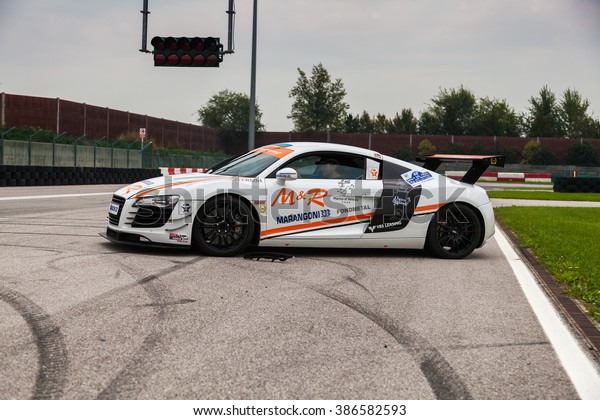 UDINE, Italy - OCTOBER 10,\
2012: Audi R8 Safety car M&R Team ,  exhibition drift and fast\
lap  in Autodromo Internazionale di Precenicco Lignano\
UDINE.
