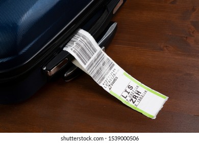 Udine, Italy, October 2019.a Baggage Tag Embarked On A Plane Of The Swiss Airline