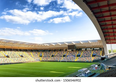 Udine, Italy - September 15, 2019: View Of Soccer Or Football Field, Terraces And Stand Seats At Dacia Arena - Stadio Friuli, The Main Friuli Venezia Giulia Region Stadium.