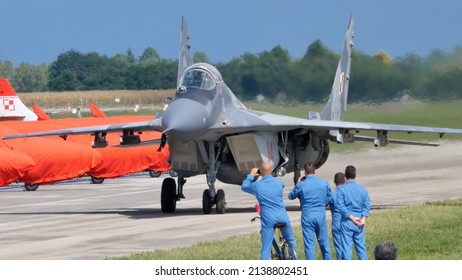 Udine Italy SEPTEMBER, 5, 2015 Military Plane Of Polish Air Force. Fighter Jet With Copy Space. Mikoyan MiG-29 Fulcrum Soviet Cold War Era Supersonic Interceptor.