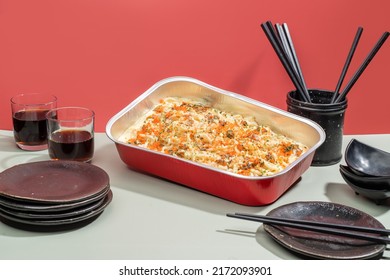 UDON CARBONARA Food Tray With Drinks And Chopsticks Isolated On Grey Background Side View