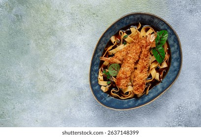Udon noodles with shrimp in tempura, Japanese cuisine, homemade, no people,