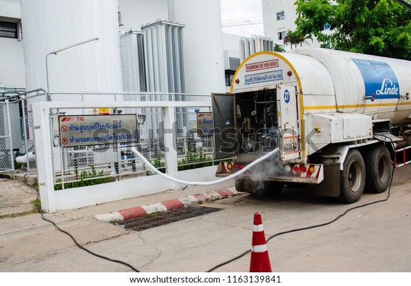 UDONTHANI, THAILAND - AUG.23,2018 Technician\
with car nitrogen and fill liquid nitrogen in storage tank at the\
hospital  in  Udonthani,\
Thailand