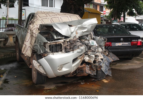 UDONTHANI,\
THAILAND – AUGUST 27, 2018 :  The state of a decayed car that be\
inoperable thing,  after it had accident on road,  see it at the\
police station in UDONTHANI province\
THAILAND.
