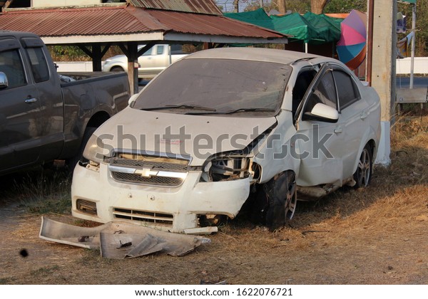 UDONTHANI, THAILAND –\
JANUARY 21, 2020 :  This car destroys until can’t be usable after\
has accident on road,  see it at the police station in UDONTHANI\
province THAILAND.
