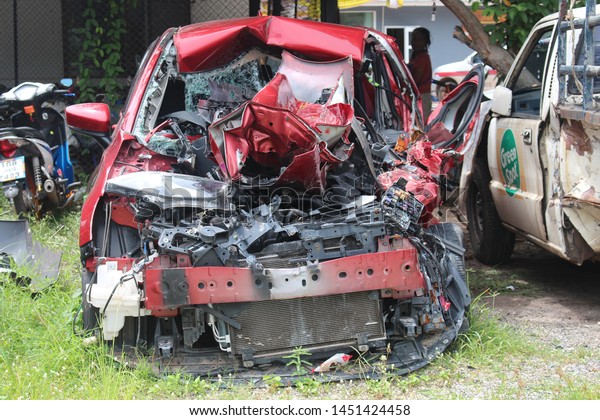 UDONTHANI,\
THAILAND – JULY 15, 2019 :  The state of a decayed car that be\
inoperable thing,  after it had accident on road,  see it at the\
police station in UDONTHANI province\
THAILAND.