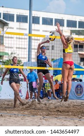 UDONTHANI, THAILAND - JUNE 21, 2019 : Beach Volleyball Players In Action Of U21 World Championships On June 21, 2019 In Udonthani, Thailand.