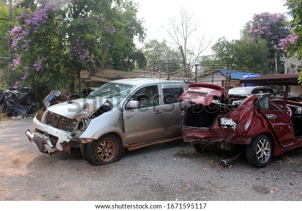 UDONTHANI, THAILAND – MARCH\
13, 2020 :  Two cars destroy until can’t be usable after have\
accident on road,  see them at the police station in UDONTHANI\
province THAILAND.