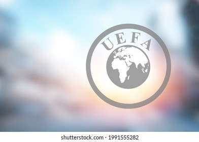 UEFA Logo At The Organization's Headquarters On A Blur Background