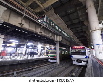 UENO, TOKYO / JAPAN – FEBRUARY 14, 2019: The trains waiting for their departure at Ueno station in Taito, Tokyo, Japan.