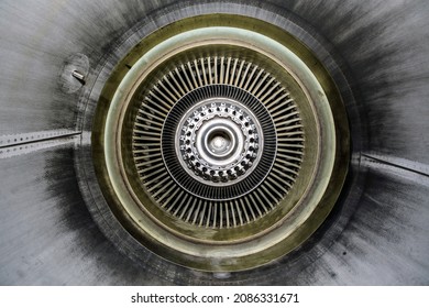 Ufa, Russia, 02.12.2021, Boeing 737 Utair Under Repair, Aircraft Engine Close-up, View Of The Aircraft Engine From The Inside, Engine Fan