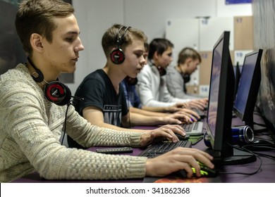 UFA - RUSSIA 13TH NOVEMBER 2015 - Young Russian Teenagers Relax By Playing Competitive Video Games As Friends In A Local Internet Bar That Specializes In Online Gaming And LAN Parties In Ufa, Russia