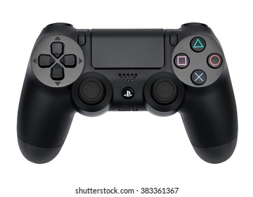 UFA, RUSSIA - 27 FEBRUARY, 2016: The new Sony Dualshock 4 with PlayStation 4. Sony PlayStation 4 game console of the eighth generation.
