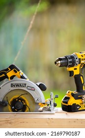 Ufa, Russia - June: DeWalt power tools in Ufa on June 17, 2022. DeWalt is an American worldwide brand of power tools and hand tools for the construction industry. cordless saw