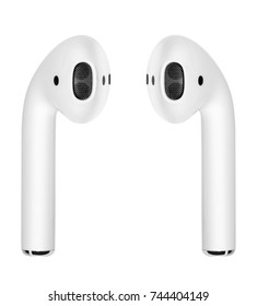 UFA, RUSSIA - OCTOBER 20, 2017: AirPods wireless bluetooth headphones developed by Apple Inc. Apple Airpods in open box.