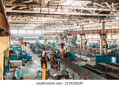 Ufa, Russia. October 9, 2021: The Interior Of An Old Manufacturing Plant. Large Hangar In A Factory With Many Special Machines And Technological Equipment Without People