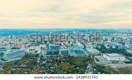 Ufa, Russia. Panorama of the central part of the city of Ufa. Time after sunset, Aerial View  