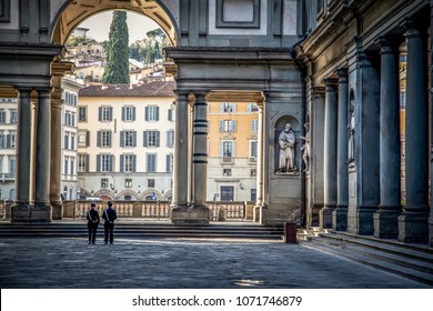 Uffizi Gallery. Piazza degli Uffizi square in the early Sunny autumn morning. Florence, Tuscany, Italy