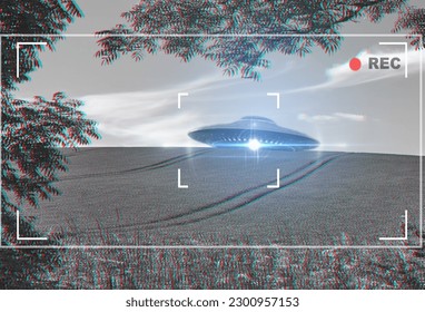 UFO, alien and camera viewfinder with a spaceship flying in the sky over area 51 for an invasion. Camcorder, spacecraft and conspiracy theory with a saucer on a display to record a sighting of aliens