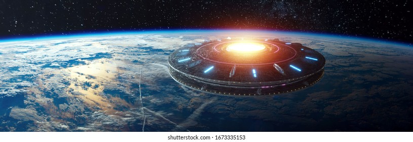 UFO, an alien plate hovered motionless in space against the background of the earth. alien invasion, spacecraft of the humanoids. Some elements of the image provided by NASA mixed medium