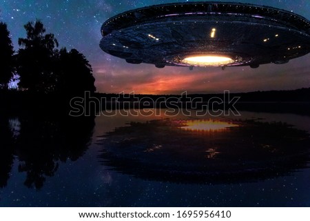 UFO, an alien plate hovering above water, hovering motionless in the air. Unidentified flying object, alien invasion, extraterrestrial life, space travel, humanoid spaceship mixed medium