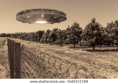 UFO, an alien plate hovering over the field, hovering motionless in the air. Unidentified flying object, alien invasion, extraterrestrial life, space travel, humanoid spaceship mixed medium