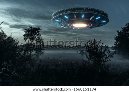 UFO, an alien plate hovering over the field, hovering motionless in the air. Unidentified flying object, alien invasion, extraterrestrial life, space travel, humanoid spaceship mixed medium