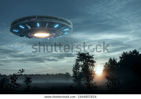 UFO,\
an alien plate hovering over the field, hovering motionless in the\
air. Unidentified flying object, alien invasion, extraterrestrial\
life, space travel, humanoid spaceship mixed\
medium