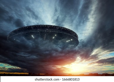 UFO, an alien plate soars in the sky, hovering motionless in the air. Unidentified flying object, alien invasion, extraterrestrial life, space travel, humanoid spaceship mixed medium