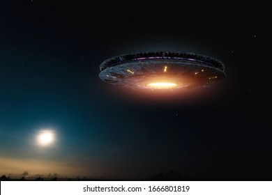 UFO, an alien plate soars in the sky, hovering motionless in the air. Unidentified flying object, alien invasion, extraterrestrial life, space travel, humanoid spaceship mixed medium