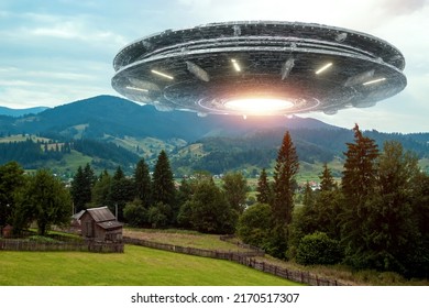 UFO, an alien saucer hovering above the field in the clouds, hovering motionless in the sky. Unidentified flying object, alien invasion, extraterrestrial life, space travel, spaceship. mixed media - Shutterstock ID 2170517307