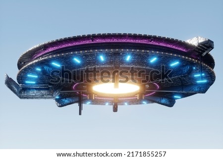 UFO, an alien saucer hovering over the field, hovering motionless in the air. Unidentified flying object, alien invasion, extraterrestrial life, space travel, spaceship. mixed media.