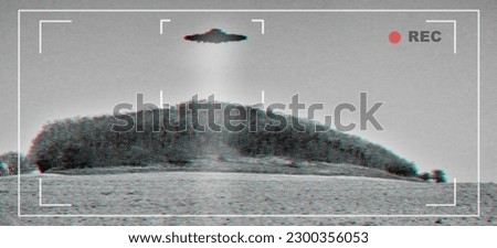 UFO, alien and viewfinder on a camera screen to record a flying saucer in the sky over area 51. Camcorder, sighting and conspiracy with a spaceship on a recording device display outdoor in nature