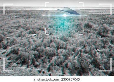 UFO, aliens and camera viewfinder with a spaceship flying in the sky over area 51 for an invasion. Camcorder, spacecraft and conspiracy theory with a saucer on a display to record an alien sighting