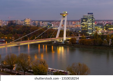 UFO Bridge In Night Light Of Bratislava Outdoors.