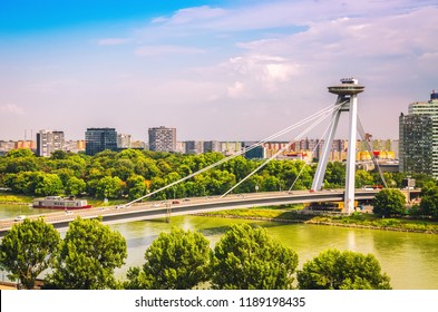 UFO Bridge Over Danube River In Bratislava, Slovakia