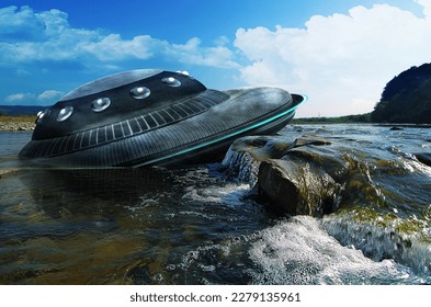 UFO, broken space saucer lies in the water on the banks of a river or lake after an accident and crash. Landscape with invasion by extraterrestrial space object on a sunny day in summer