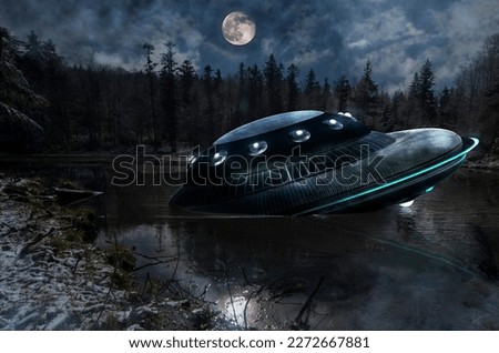 UFO, broken space saucer lies in the water on the banks of a river or lake after an accident and crash. Landscape with invasion by extraterrestrial space object on a sunny on a winter night
