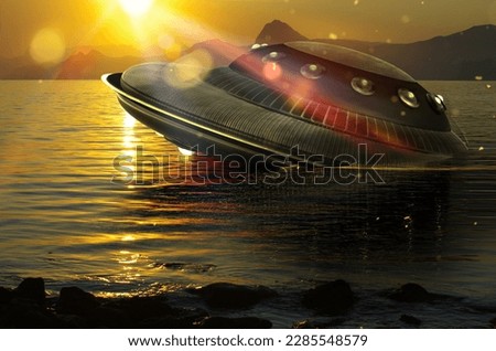 UFO, broken space saucer lies in the water on the banks of a sea or lake after an accident and crash. Landscape with invasion by extraterrestrial space object at dawn or dusk