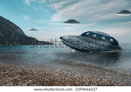 UFO, broken space saucer lies in the water on the banks of a sea or lake after an accident and crash. Landscape with invasion by extraterrestrial space object.