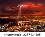 UFO, city and spaceship with invasion, lights and alien with contact, science fiction or mystery. Machine, transport or extraterrestrial with fantasy, galaxy mission or futuristic with travel or glow