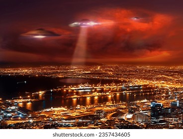 UFO, city and spaceship with invasion, lights and alien with contact, science fiction or mystery. Machine, transport or extraterrestrial with fantasy, galaxy mission or futuristic with travel or glow